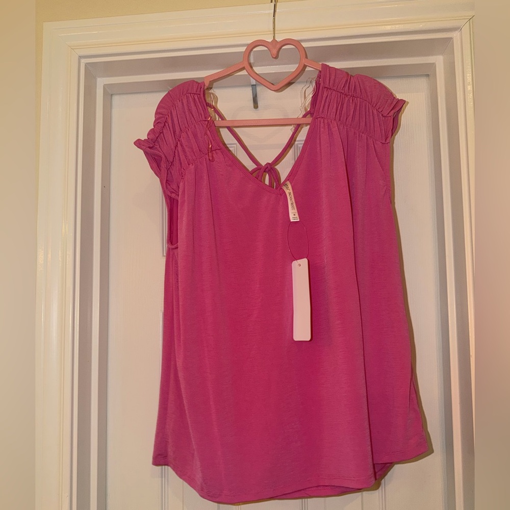 Dear Scarlett Pink Ruched Shoulder Tie-Back Blouse